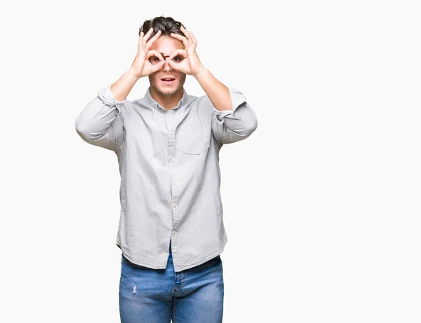 Homem Bonito Jovem Usando Óculos Sobre Fundo Isolado Fazendo Gesto — Fotografia de Stock