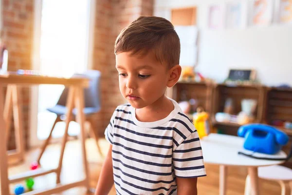 Beautiful Toddler Boy Standing Kindergarten Lots Toys — Stock Photo, Image