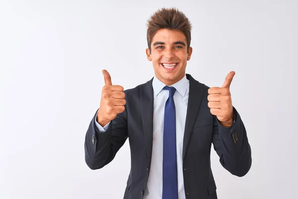 Young Handsome Businessman Wearing Suit Standing Isolated White Background Success — Stock Photo, Image