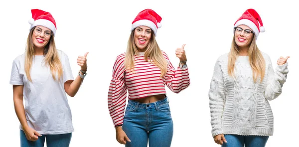 Collage Jeune Belle Femme Portant Chapeau Noël Sur Fond Isolé — Photo