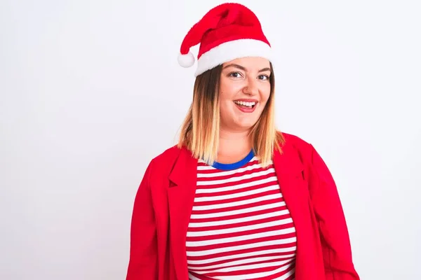 Jovem Mulher Bonita Vestindo Chapéu Natal Santa Sobre Fundo Branco — Fotografia de Stock