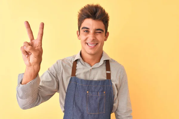 Young Handsome Employee Man Wearing Apron Standing Isolated Yellow Background — Stock Photo, Image