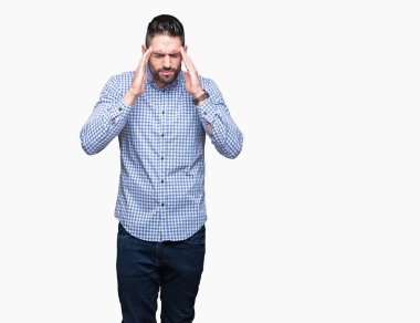 Çünkü genç yakışıklı adam arka plan baş baş ağrısı için el ile izole stres. Migren muzdarip.