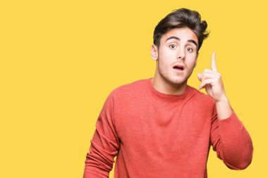 Yakışıklı delikanlı ile başarılı fikir parmağı yukarıyı izole arka plan üzerinde. Çıktıktan ve mutlu. Bir numara.