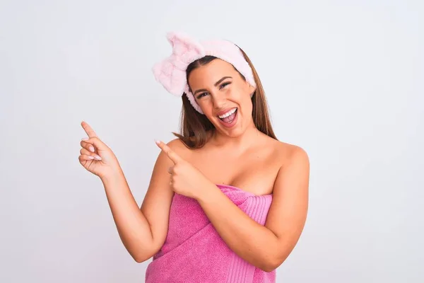 Beautiful Young Woman Wearing Pink Shower Towel Beauty Headband White — Stock Photo, Image