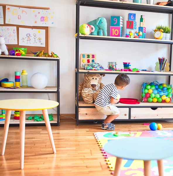 Beautiful Toddler Boy Playing Colored Small Balls Kindergarten — Stock Photo, Image