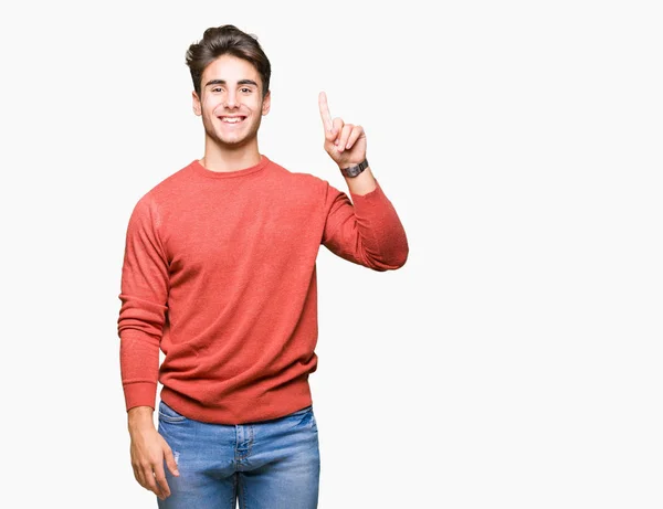 Jovem Homem Bonito Sobre Fundo Isolado Mostrando Apontando Para Cima — Fotografia de Stock