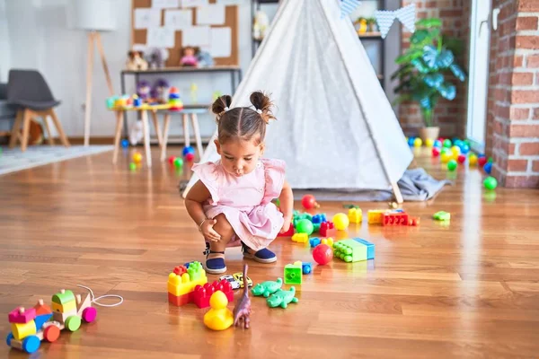 Young Beautiful Toddler Sitting Floor Playing Small Cars Toys Kindergaten — Stock Photo, Image