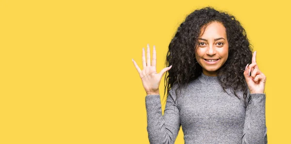 Young Beautiful Girl Curly Hair Showing Pointing Fingers Number Six — Stock Photo, Image