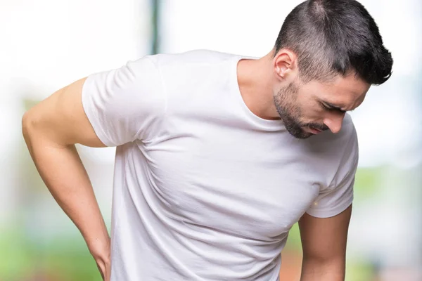 Schöner Mann Mit Weißem Shirt Über Dem Rücken Rückenschmerzen Berührung — Stockfoto