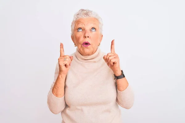 Senior Grey Haired Woman Wearing Turtleneck Sweater Standing Isolated White — Stock Photo, Image