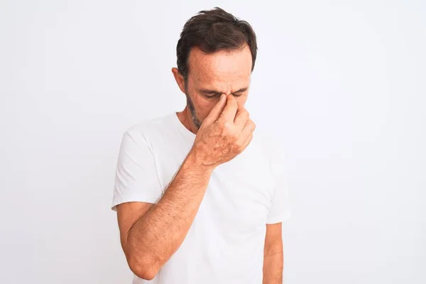 Middelbare Leeftijd Knappe Man Dragen Casual Shirt Staan Geïsoleerde Witte — Stockfoto