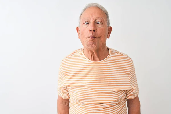 Senior Grijsharige Man Met Gestreept Shirt Geïsoleerde Witte Achtergrond Vissengezicht — Stockfoto