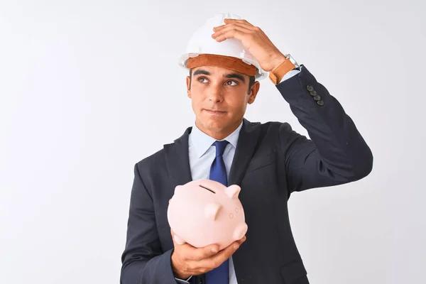 Handsome Architect Man Wearing Helmet Holding Piggy Bank Isolated White — Stock Photo, Image