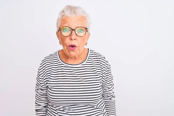 Senior Mujer Pelo Gris Con Rayas Color Azul Marino Gafas — Foto de Stock