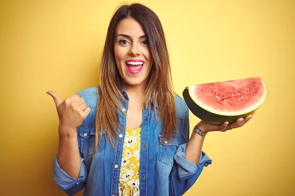 Young Beautiful Woman Eating Fresh Healthy Watermelon Slice Yellow Background — ストック写真