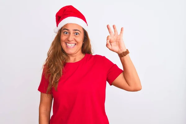 Medelålders Mogen Kvinna Bär Jul Hatt Över Isolerade Bakgrund Ler — Stockfoto