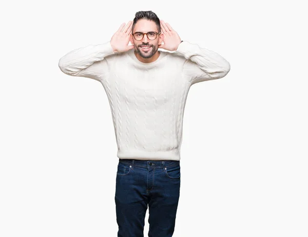 Young Handsome Man Wearing Glasses Isolated Background Trying Hear Both — Stock Photo, Image