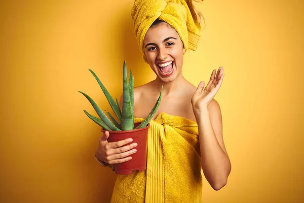 Giovane Bella Donna Che Indossa Asciugamano Che Tiene Vaso Cactus — Foto Stock