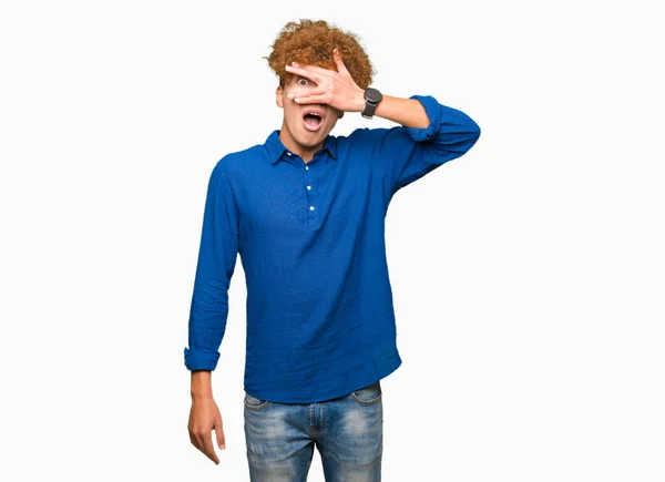 Young Handsome Elegant Man Afro Hair Peeking Shock Covering Face — Stock Photo, Image