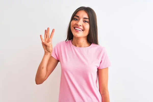 Jovem Mulher Bonita Vestindo Rosa Casual Shirt Sobre Isolado Fundo — Fotografia de Stock