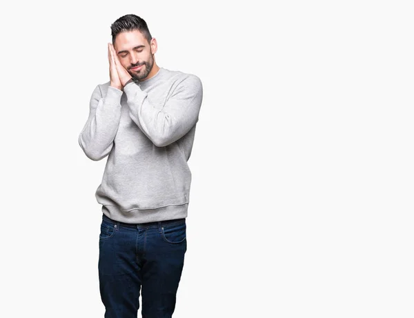 Joven Hombre Guapo Con Sudadera Sobre Fondo Aislado Durmiendo Cansado — Foto de Stock