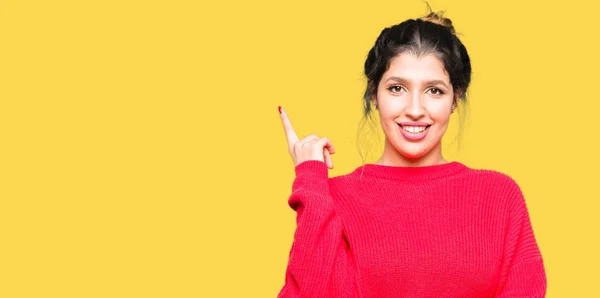 Young Beautiful Woman Wearing Red Sweater Bun Big Smile Face — Stock Photo, Image