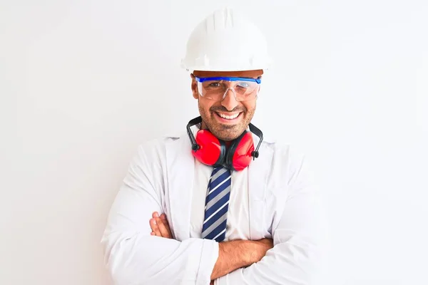 Homem Jovem Químico Vestindo Capacete Segurança Fones Ouvido Sobre Fundo — Fotografia de Stock