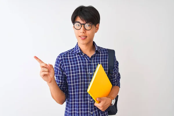 Chinese Student Man Wearing Backpack Holding Notebook Isolated White Background — Stock Photo, Image