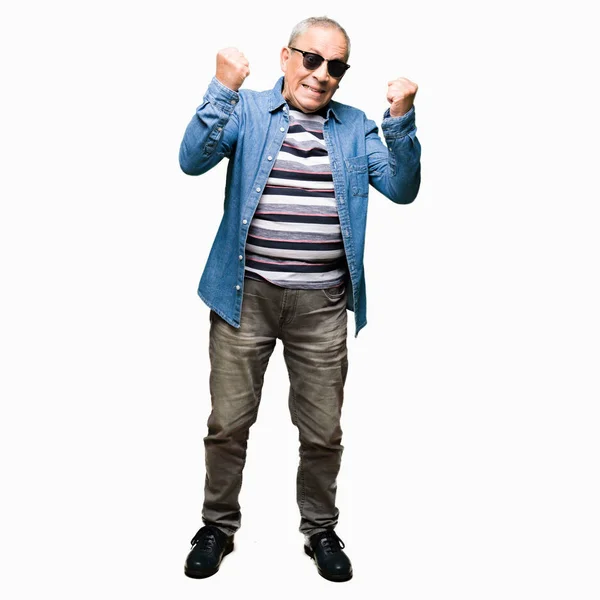 Handsome Senior Man Wearing Denim Jacket Sunglasses Very Happy Excited — Stock Photo, Image