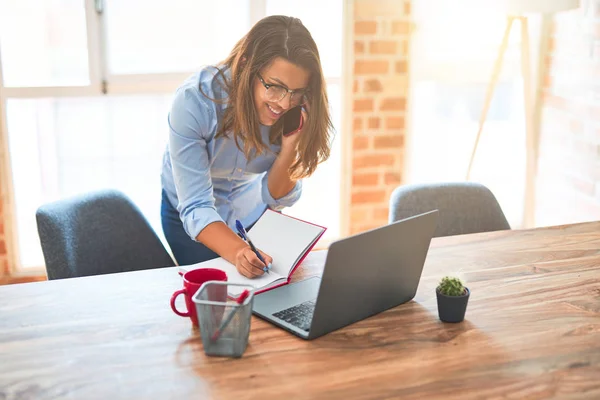 Young Business Woman Phone Office Having Conversation Calling Smartphone — ストック写真