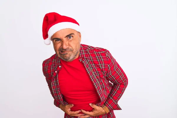 Hombre Mediana Edad Vistiendo Sombrero Santa Navidad Pie Sobre Fondo — Foto de Stock