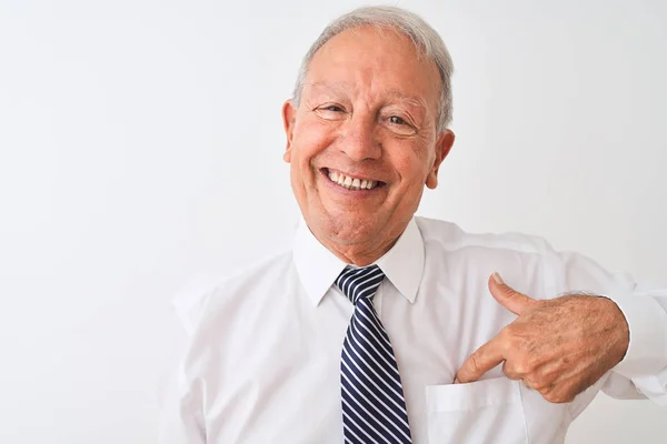 Senior Grauhaarige Geschäftsmann Mit Krawatte Steht Über Isolierten Weißen Hintergrund — Stockfoto