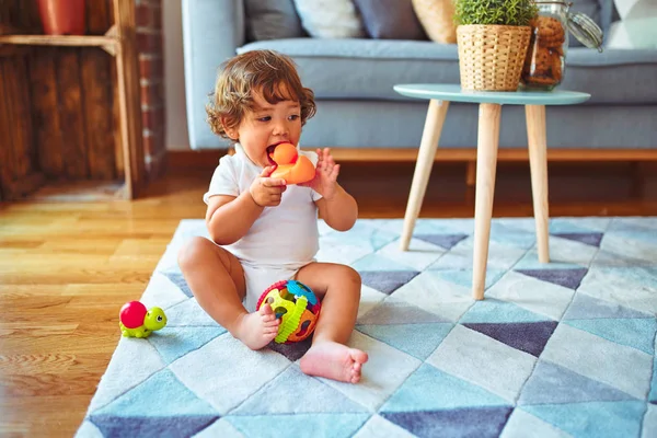 Beautiful Toddler Child Girl Playing Toys Carpet — Stock Photo, Image