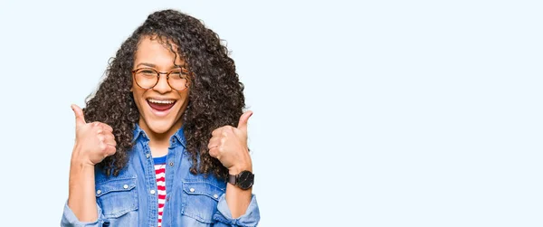 Young Beautiful Woman Curly Hair Wearing Glasses Success Sign Doing — Stock Photo, Image