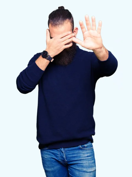 Young Blond Man Wearing Glasses Turtleneck Sweater Covering Eyes Hands — Stock Photo, Image