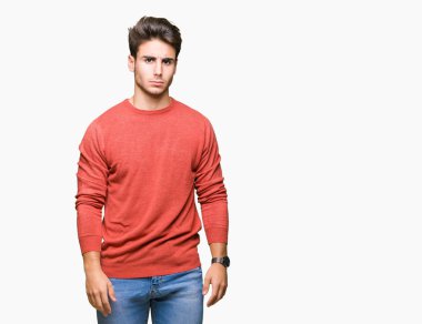 İzole arka plan şüpheci ve sinir, papatyanın üzgün sorun nedeniyle genç yakışıklı adam. Negatif kişi.