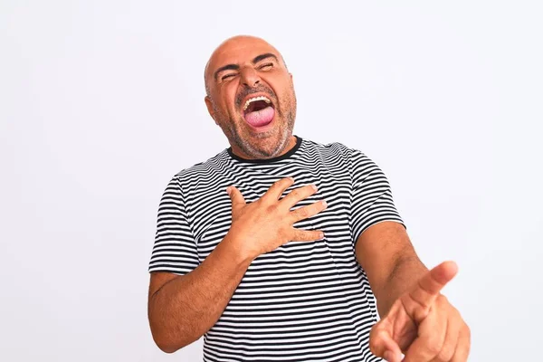 Hombre Guapo Mediana Edad Vistiendo Una Camiseta Azul Marino Rayas — Foto de Stock