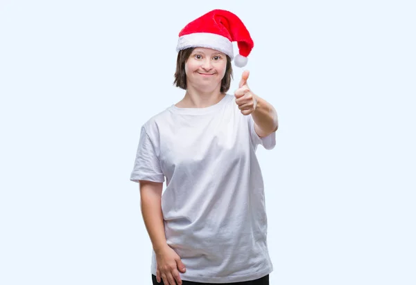 Молода Доросла Жінка Синдромом Вниз Носить Різдвяний Капелюх Над Ізольованим — стокове фото