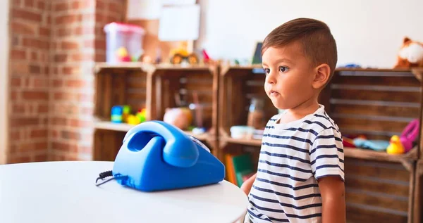 Beautiful Toddler Boy Playing Vintage Blue Phone Kindergarten — Stock Photo, Image