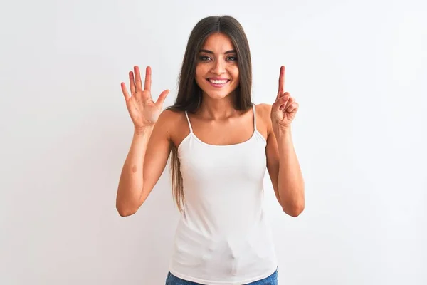 Jovem Bela Mulher Vestindo Casual Shirt Sobre Isolado Fundo Branco — Fotografia de Stock