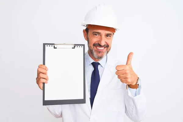 Senior Engineer Man Wearing Security Helmet Holding Clipboard Isolated White — Stock Photo, Image