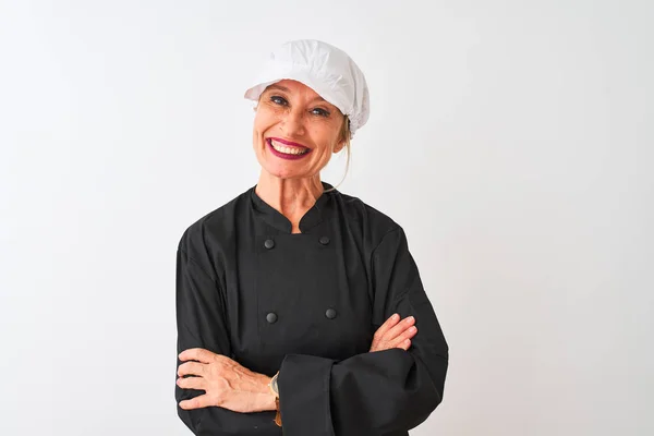 Mujer Chef Mediana Edad Vistiendo Uniforme Gorra Pie Sobre Fondo — Foto de Stock