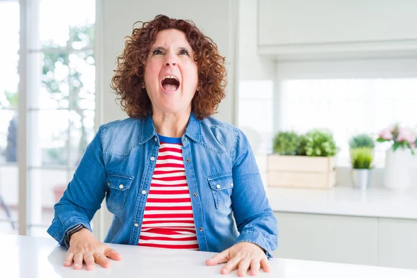 Middle Age Senior Woman Curly Hair Wearing Denim Jacket Home — Stock Photo, Image