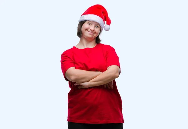 Giovane Donna Adulta Con Sindrome Indossa Cappello Natale Sfondo Isolato — Foto Stock