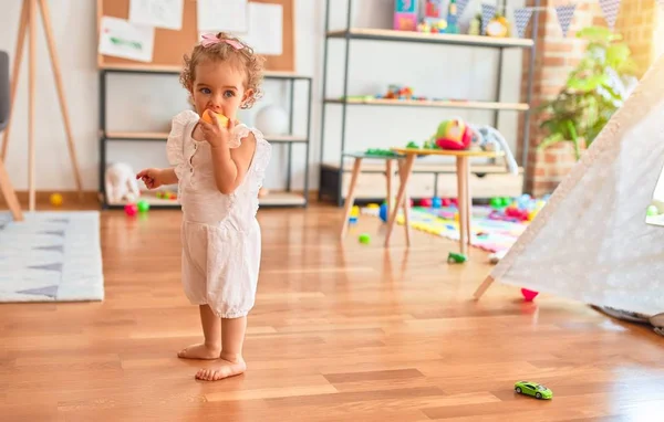 Beautiful Caucasian Infant Playing Toys Colorful Playroom Happy Playful Kindergarten — Stock Photo, Image