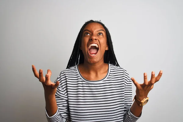 Jovem Afro Americana Vestindo Camiseta Listrada Sobre Fundo Branco Isolado — Fotografia de Stock