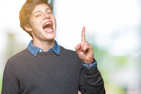 Knappe Elegante Jongeman Geïsoleerde Achtergrond Vinger Omhoog Met Succesvolle Idee — Stockfoto