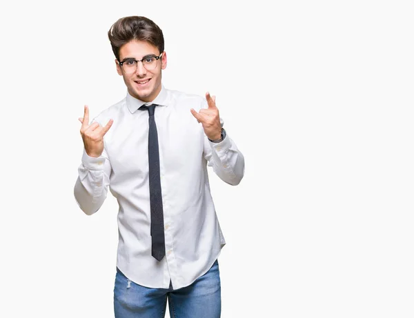 Junger Geschäftsmann Mit Brille Vor Isoliertem Hintergrund Der Mit Verrücktem — Stockfoto