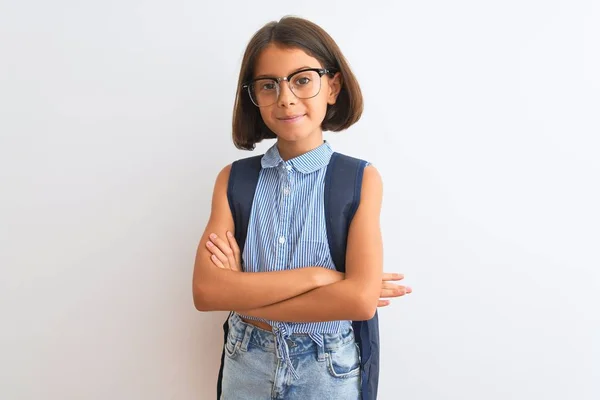 Menina Estudante Bonita Usando Mochila Óculos Sobre Fundo Branco Isolado — Fotografia de Stock